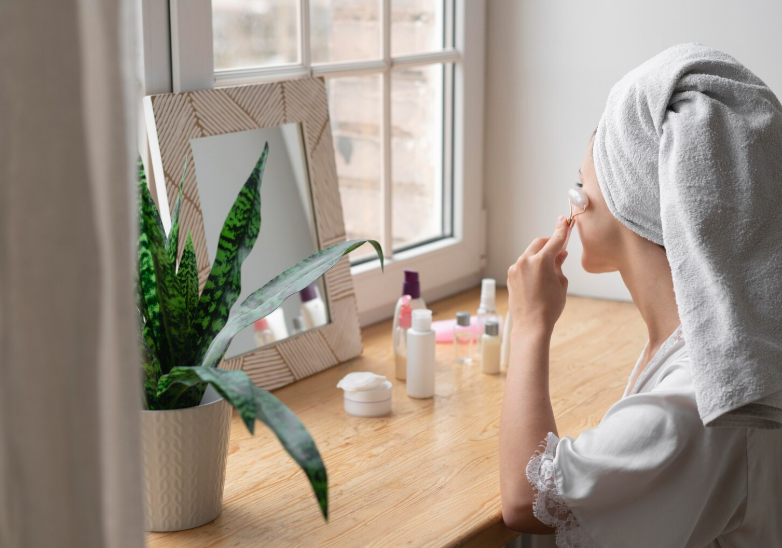 Woman applying skincare in front of mirror with simple products for healthy skin routine.