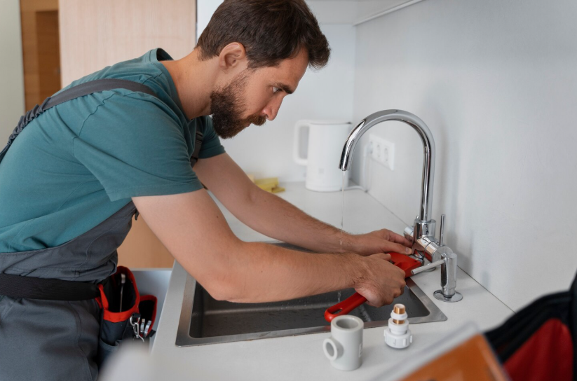 Man repairing kitchen sink faucet using wrench for simple household plumbing fix.