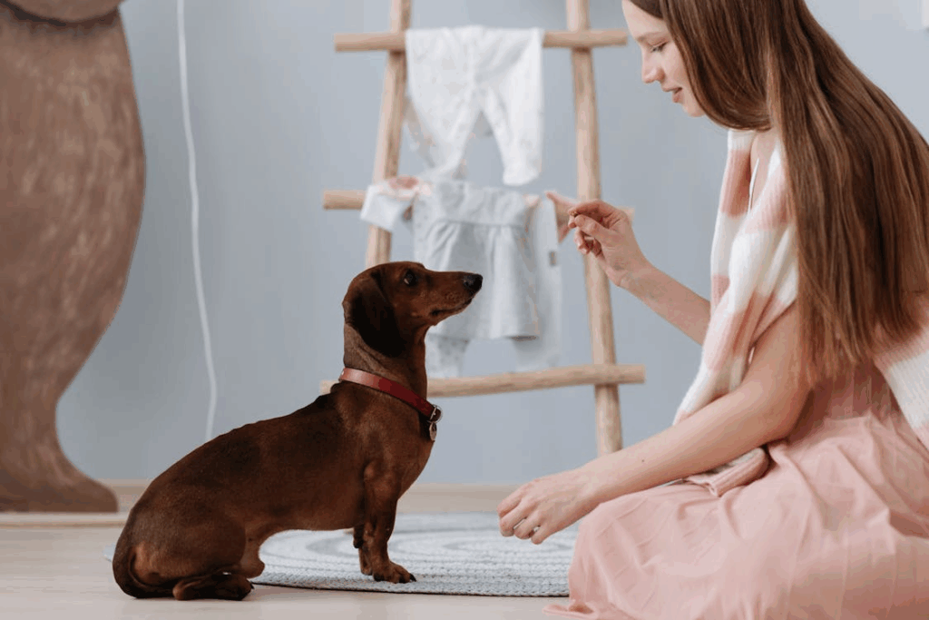 Woman pet owner training a dachshund with treats during a basic obedience lesson. at home