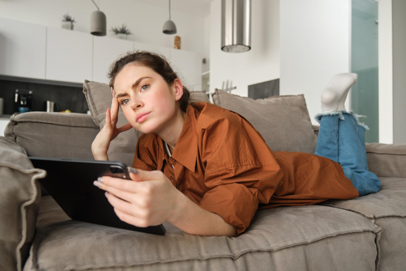 Person on the couch scrolling through search results while bored, looking for ideas and quick distractions.