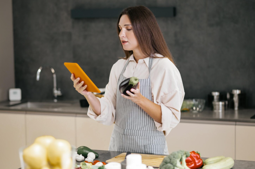 Woman in an apron holding vegetables while reading an easy recipe on a tablet in a modern kitchen.