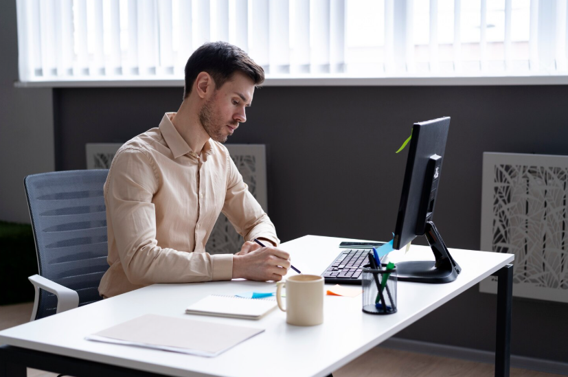 Man working at a desk with a computer and notebook, focusing on productivity tasks.