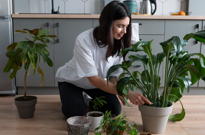 Woman practicing beginner plant care tips with indoor houseplants.